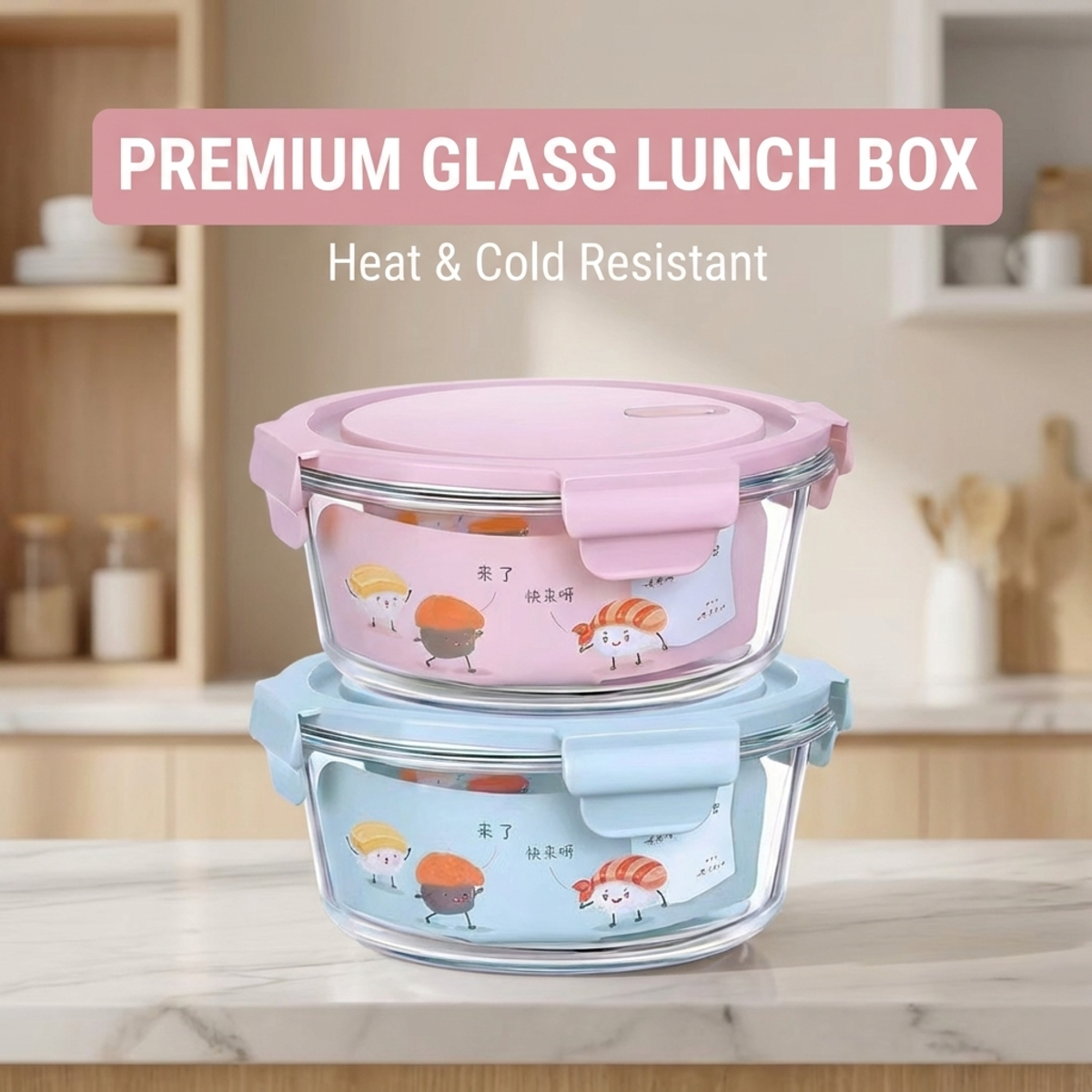 Food Storage Lock Box - Pink Cartoon Sushi Round Glass Lunch