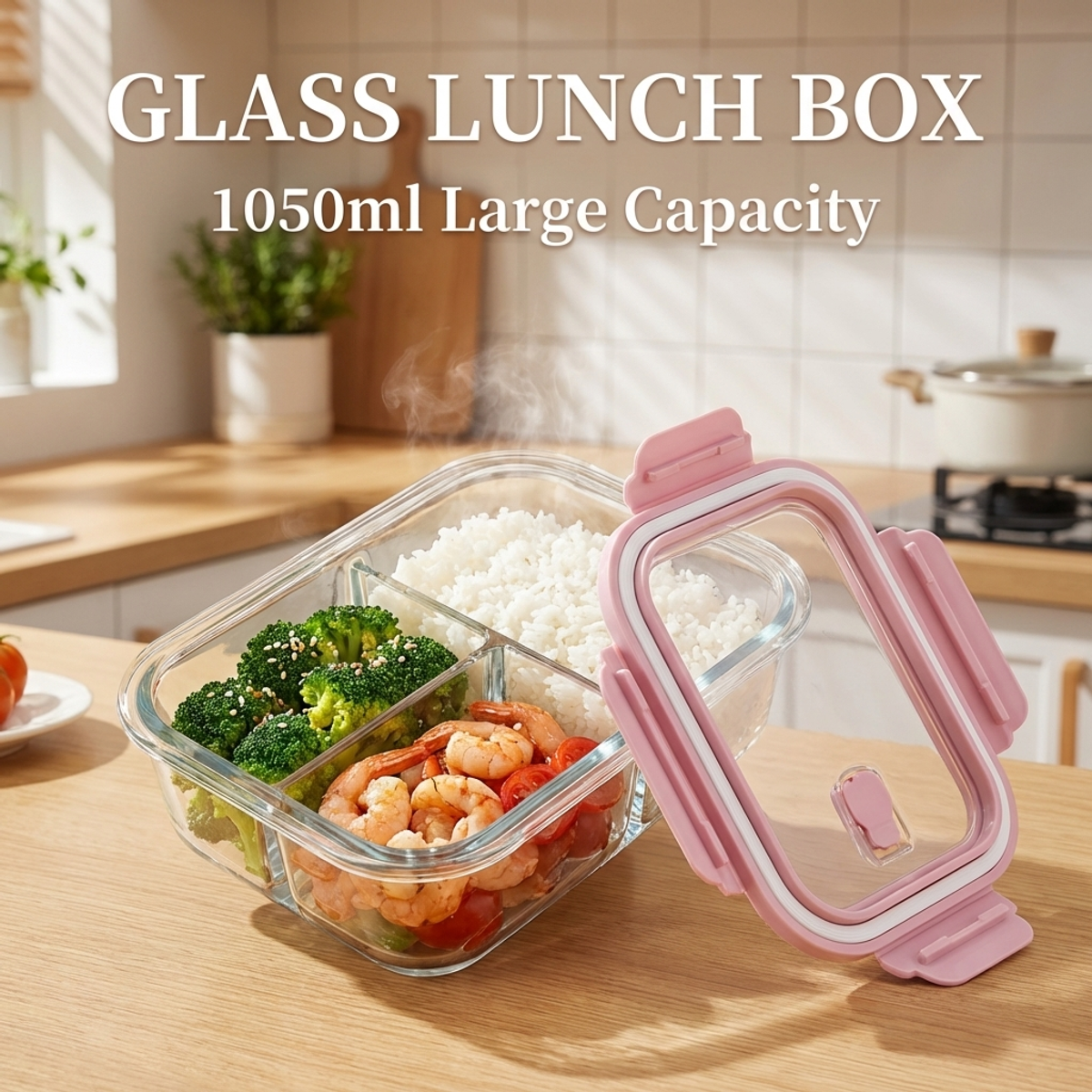 Pink Glass Lunch Box, 1050ml L - Food Storage Lock Box 评论和价格