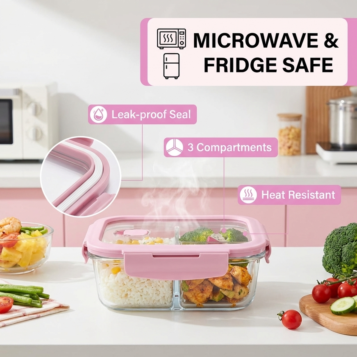 Pink Glass Lunch Box, 1050ml L - Food Storage Lock Box 评论和价格